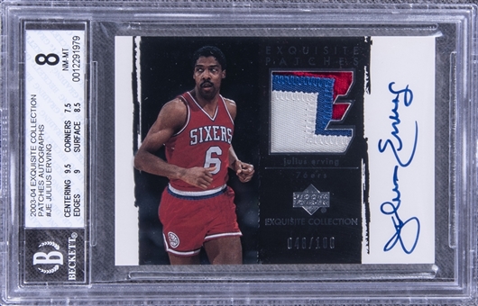2003-04 UD "Exquisite Collection" Patches Autographs #JE Julius Erving Signed Game Used Patch Card (#048/100) - BGS NM-MT 8/BGS 10